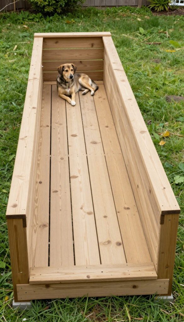 Dog lounging on a raised wooden deck in a narrow side yard dog run