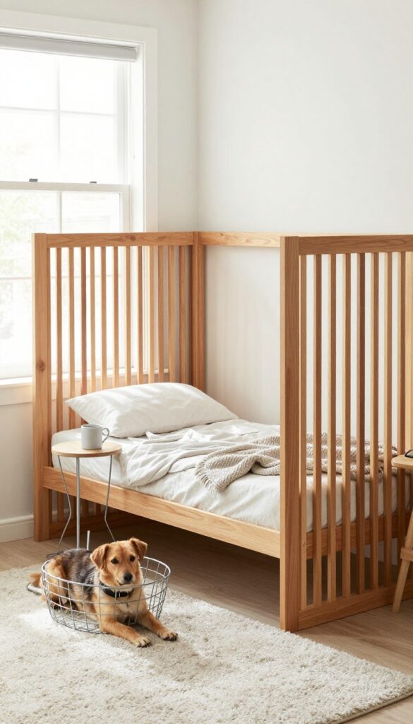 Decorative room divider creating a kennel nook in an open-concept living room with a crate and cozy accessories.