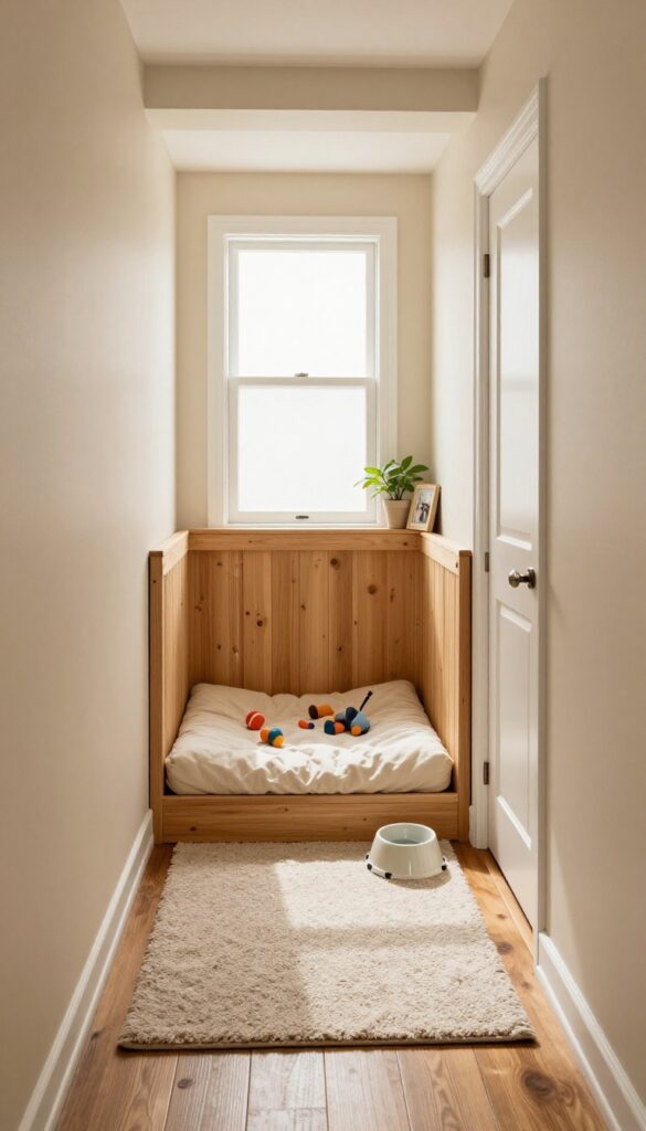 Cozy dog kennel at the end of a hallway with a half-door gate, bed, and toys in warm natural light.
