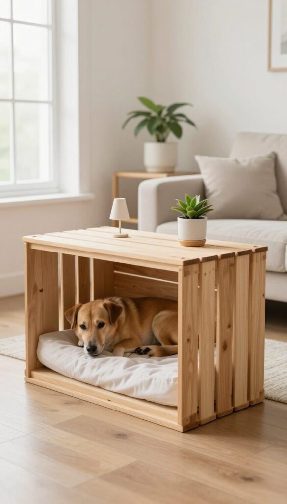 Dog curled up in a crate end table with a built-in bed, lamp and plant on top, bright living room