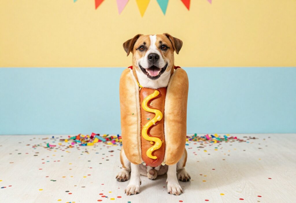 A happy dog in a hot dog costume at a party