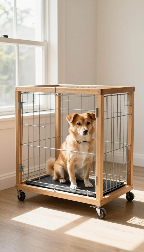 Rolling cart kennel with dog inside in a bright living room