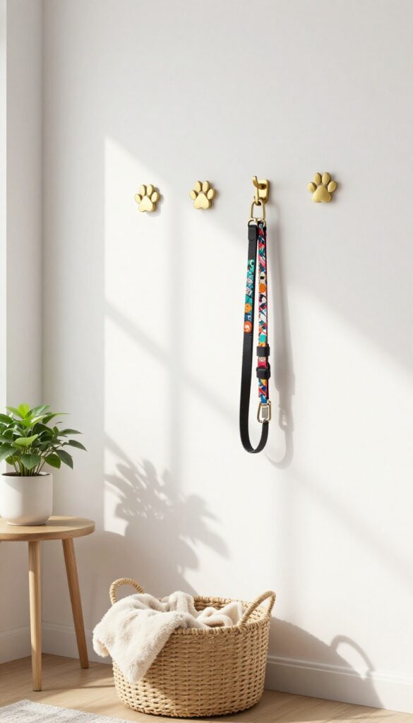 Decorative wall hooks holding dog leashes and collar in a cozy living room corner