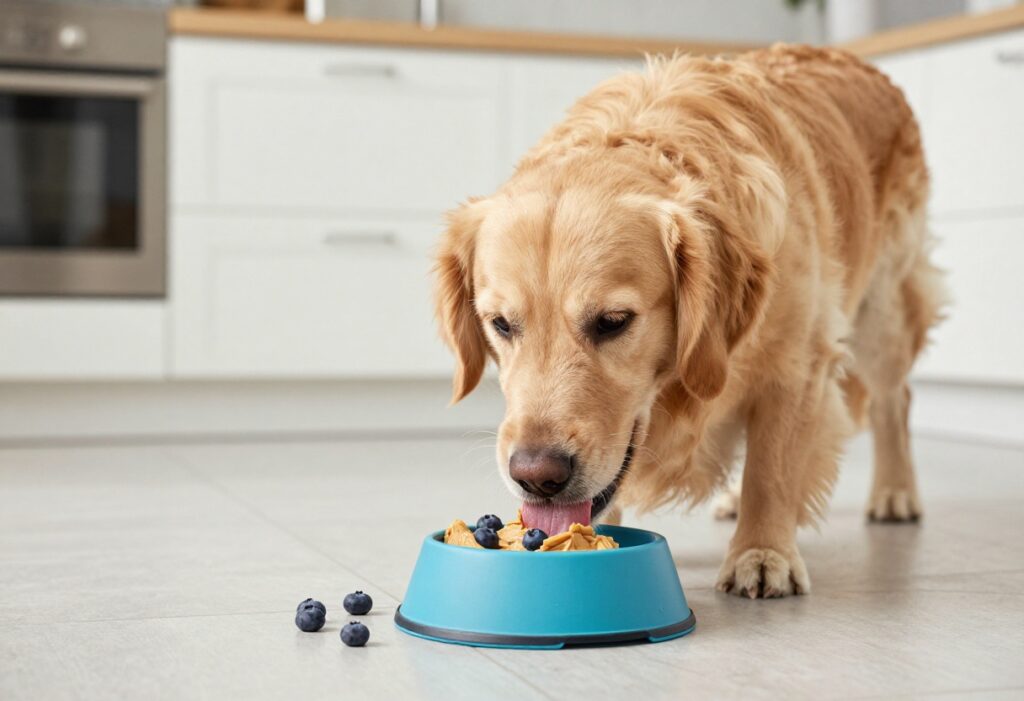 Golden retriever licking a frozen peanut butter bowl for enrichment