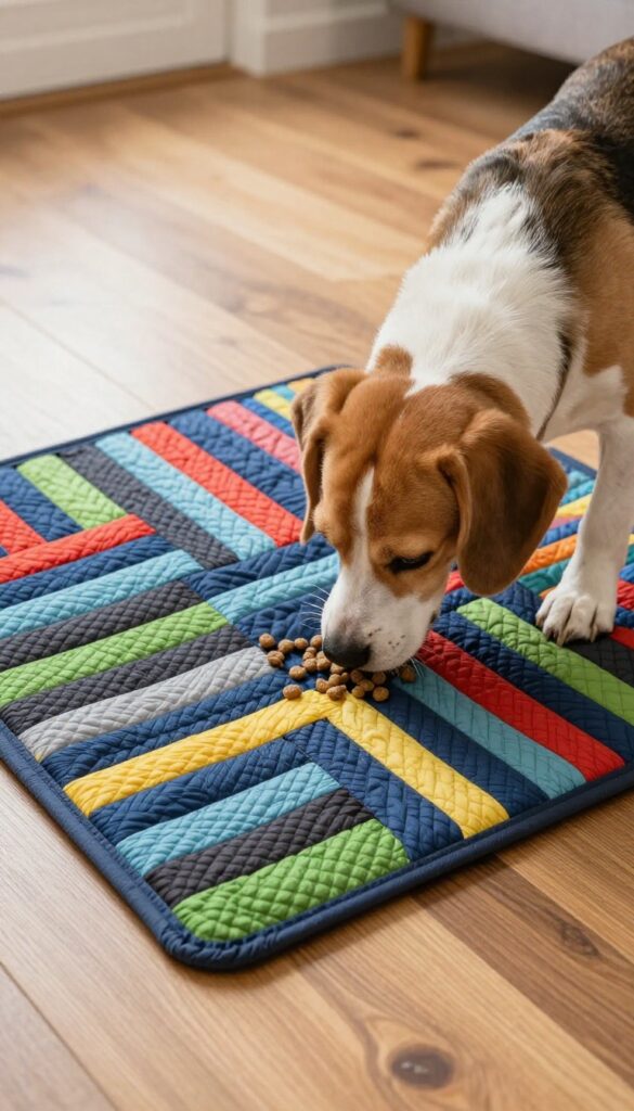 A beagle dog sniffing a colorful homemade snuffle mat on a wooden floor, searching for hidden kibble.