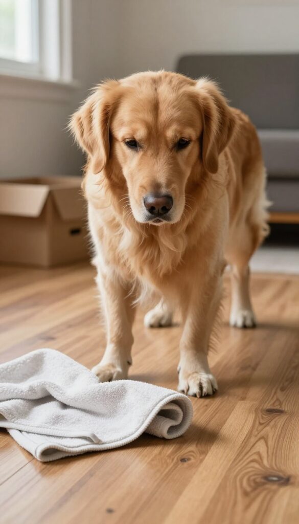 Golden Retriever sniffing a treat under a towel in a bright, cozy living room