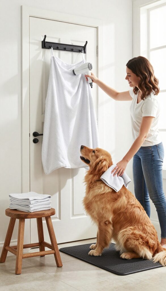 Over-the-door drying station with grooming supplies and a dog being dried on a stool in a laundry room
