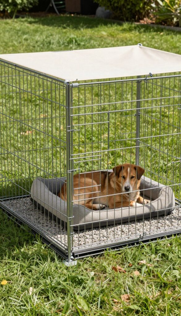 DIY outdoor dog kennel made from a repurposed wire crate and wire panels in a sunny backyard