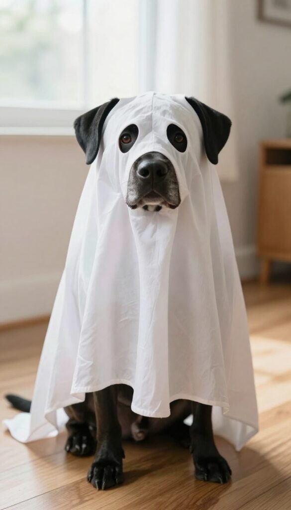 A dog wearing a simple white ghost costume with eye holes, sitting in a sunlit living room.
