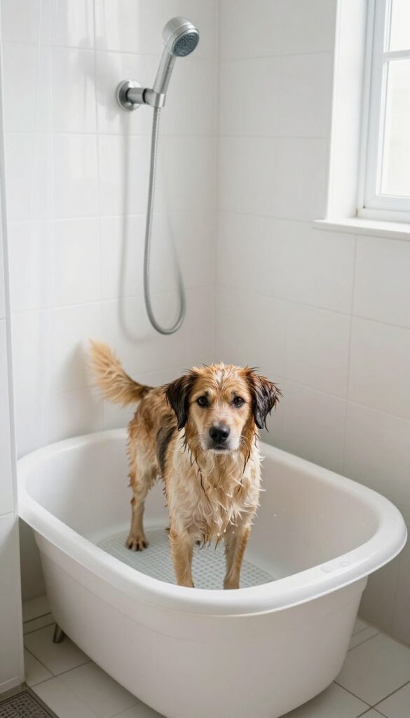 Dog wash station in laundry room with plastic tub, sprayer, and shower curtain