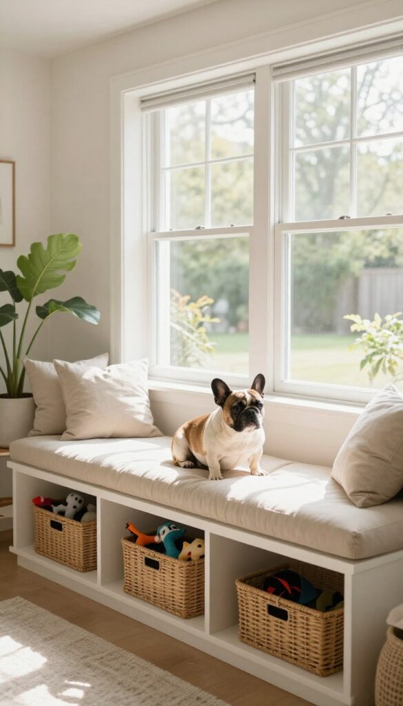 A dog relaxing on a window perch with storage underneath, in a bright living room.