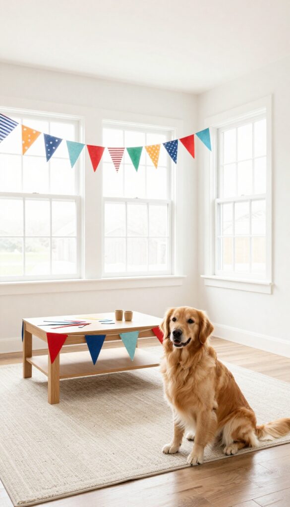 Dog-safe party decorations with fabric bunting and paper streamers in a bright living room, a golden retriever sitting nearby.
