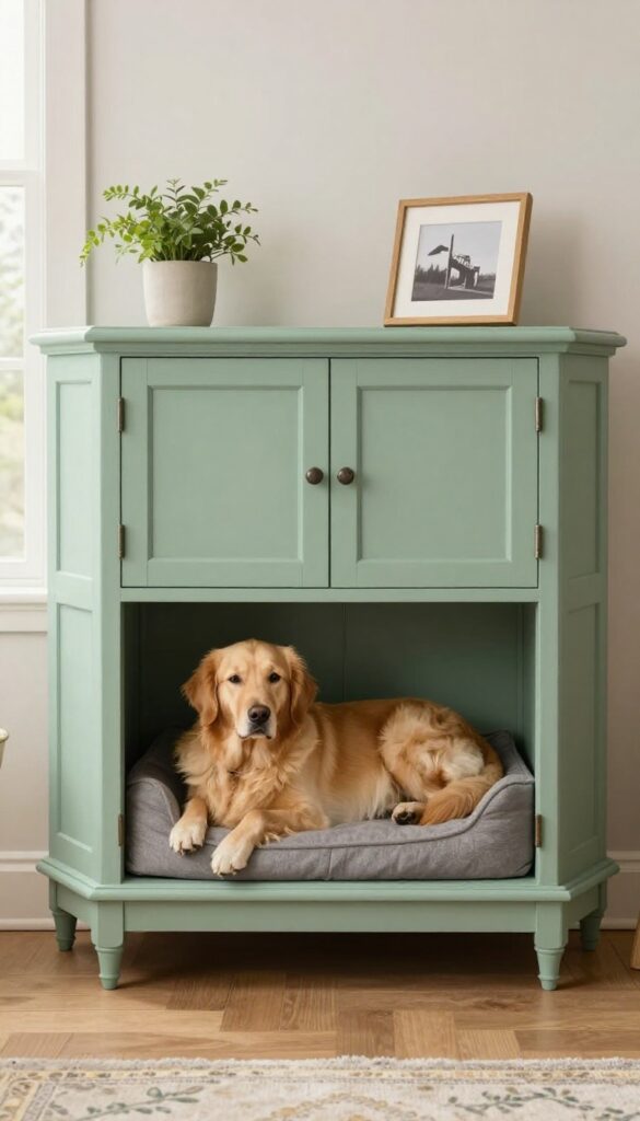Repurposed furniture dog kennel from sideboard in living room