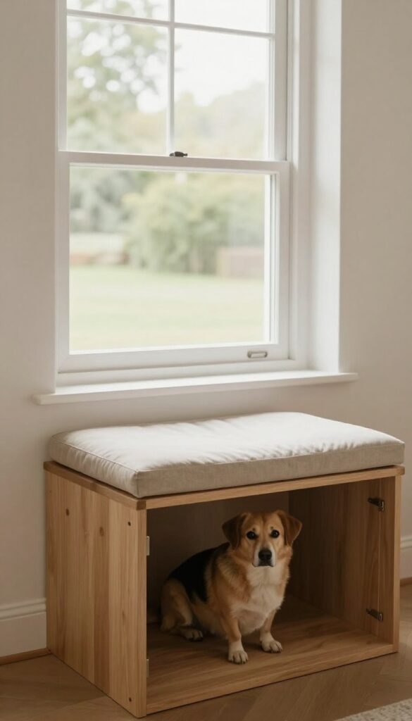 Dog in built-in kennel under window seat in cozy living room