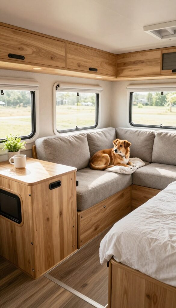 End table kennel in a small RV living area, dog sleeping inside, coffee cup and plant on top