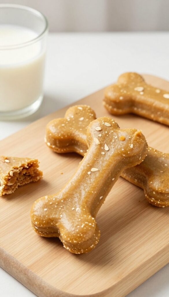 Homemade peanut butter dog treats arranged on a wooden cutting board, showing texture and shape.