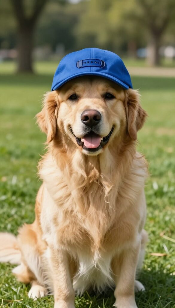 Golden retriever wearing a blue baseball cap in a sunny park