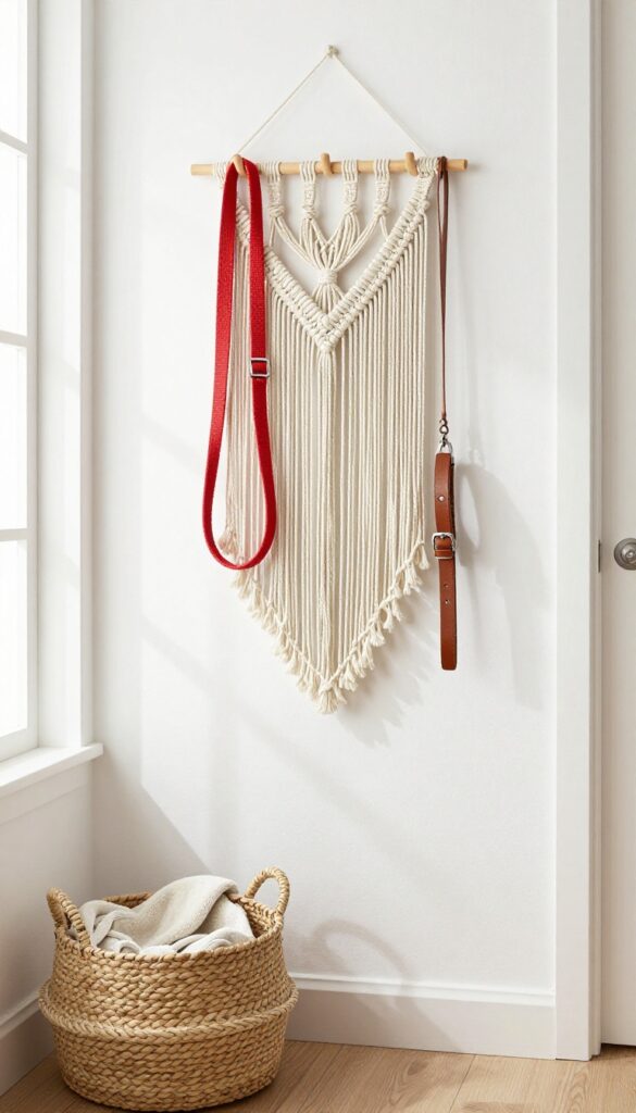 Macrame dog leash holder with hooks on a white wall, holding a leash and collar in a bright entryway.