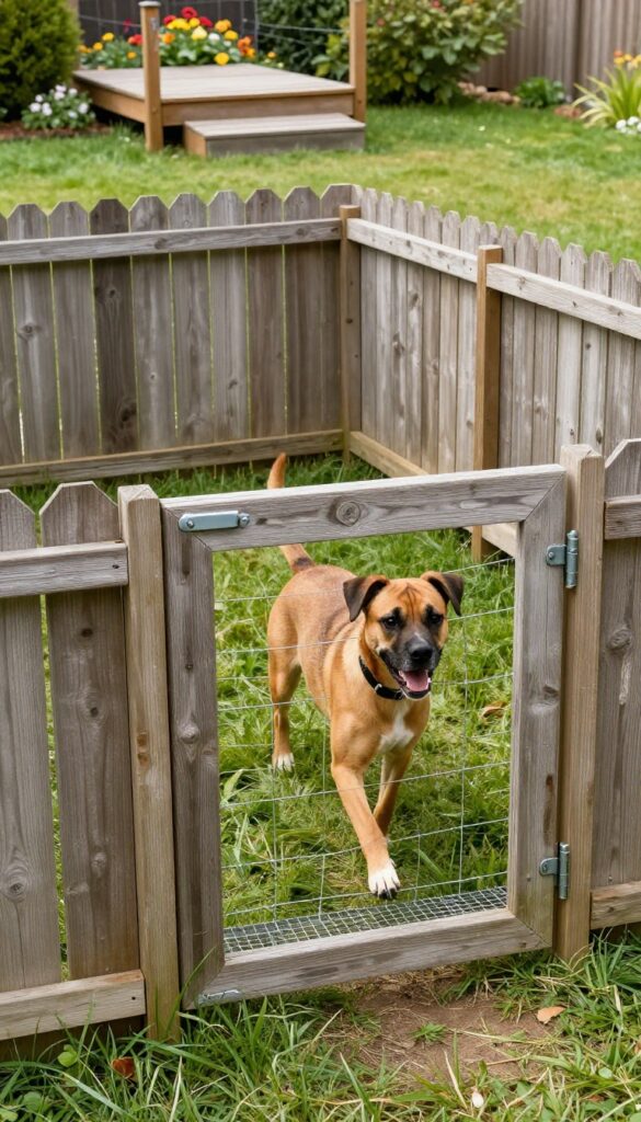 Upcycled dog run built from old fence panels in a sunny backyard with a dog running inside