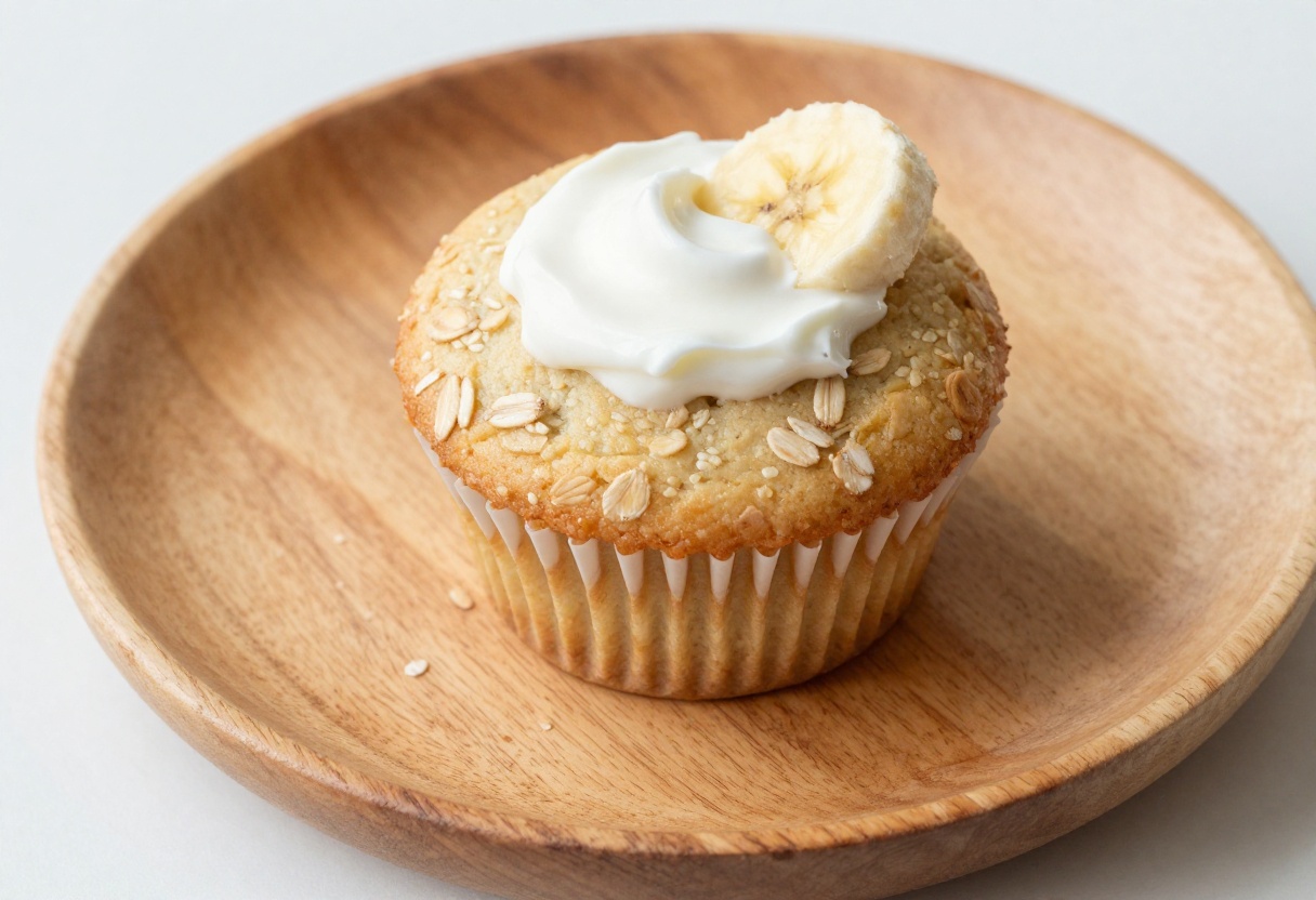 A soft banana oat dog cupcake topped with yogurt and banana slice on a wooden plate.