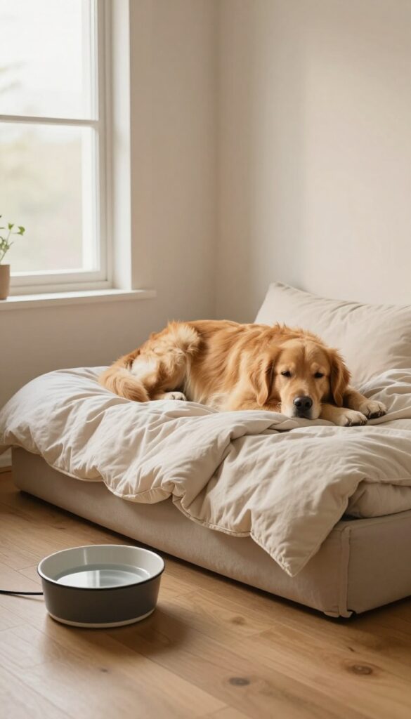 A cozy chill-out corner for dogs with a soft bed, water bowl, and fan, featuring a relaxed golden retriever.