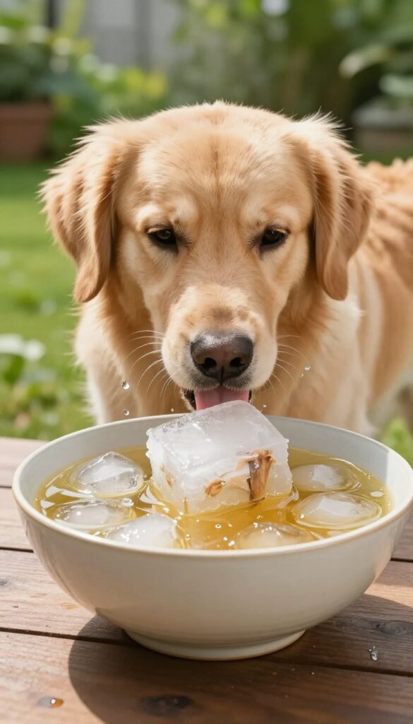 Golden retriever licking a frozen broth ice block in a shallow ceramic bowl on a wooden deck in sunlight.
