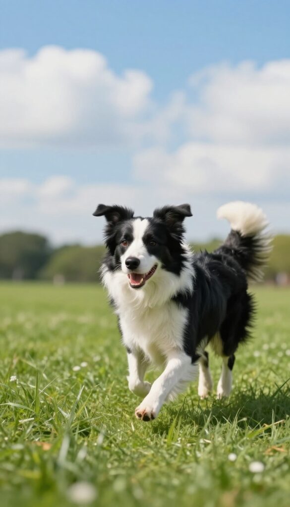 A Border Collie dog running energetically in a sunny park, representing the name Brio meaning vigor and liveliness.