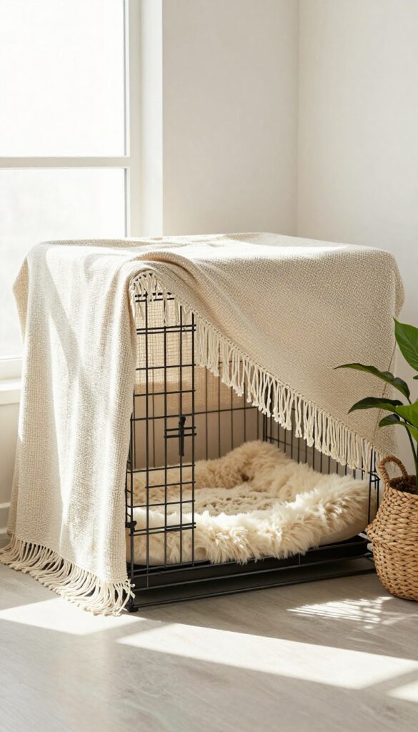 Dog crate with macrame cover in boho living room