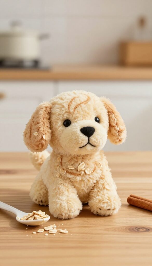 Stuffed Kong toy with oatmeal and cinnamon filling on a wooden table