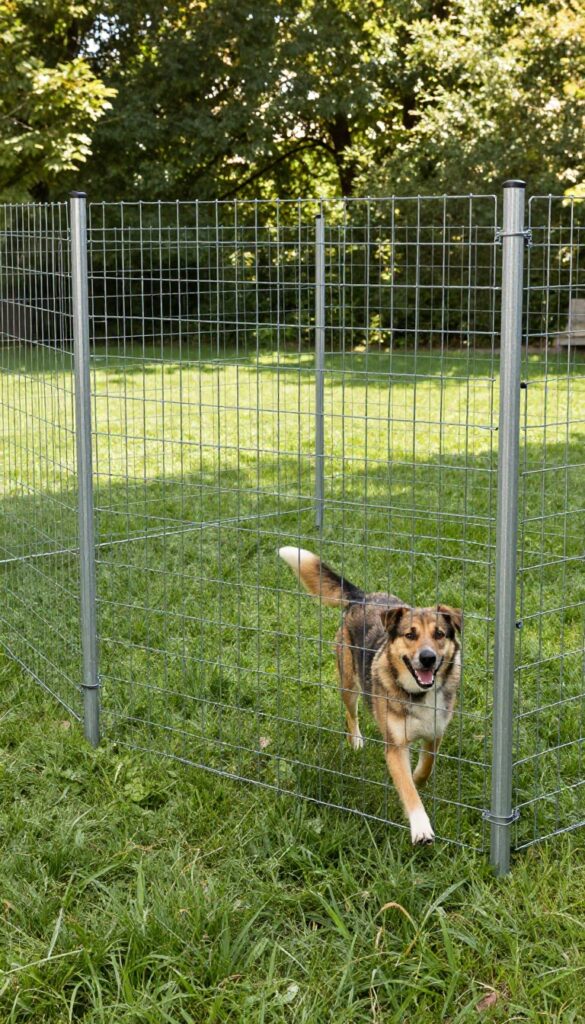 Dog running in a T-post and welded wire fenced backyard run