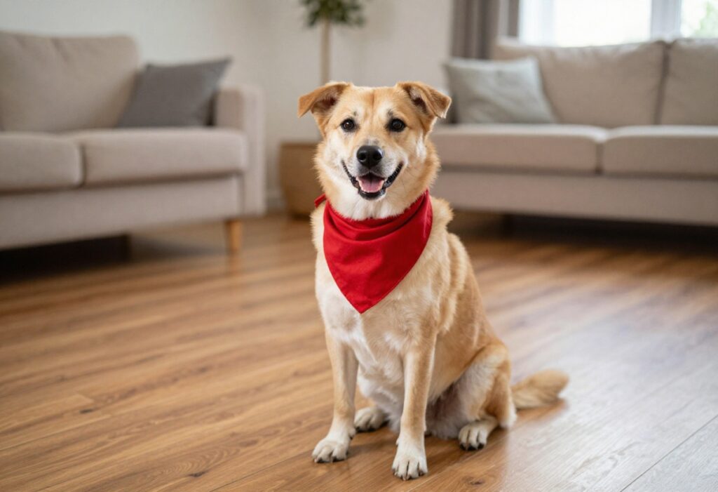 Happy dog wearing a red bandana sitting indoors