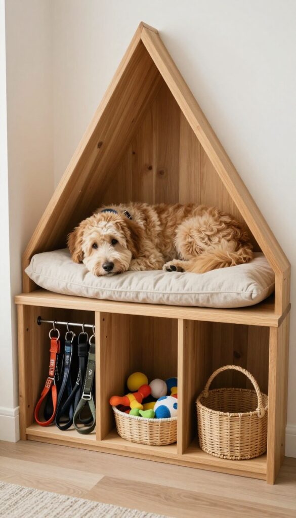 Under-stairs storage bench with a dog resting on a cushion and dog accessories stored below