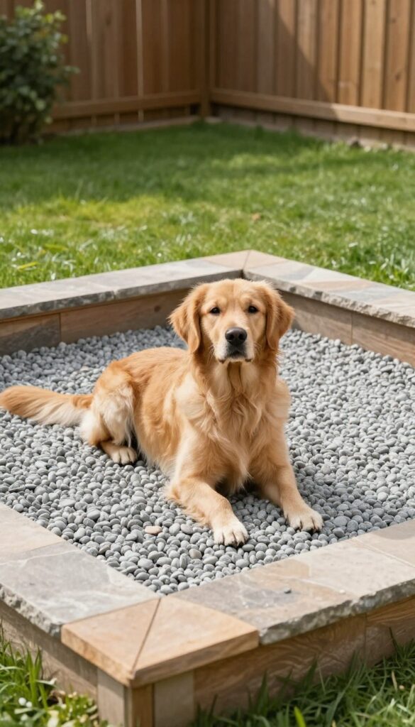 Dog standing on a pea gravel potty area in a sunny backyard, with clean landscaping and a wooden fence in the background.