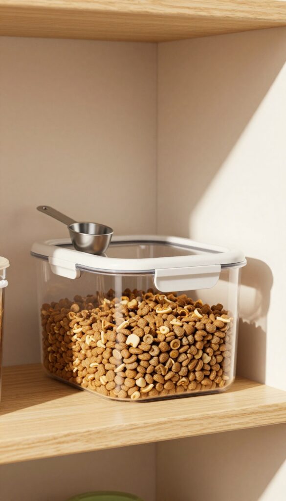 Insulated dog food storage container with clear window and scoop holder in a bright, organized pantry