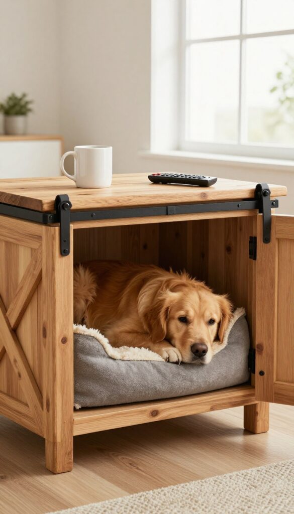 Rustic wooden crate end table with sliding barn doors, dog bed inside, golden retriever resting, coffee mug and remote on top, bright natural light, cozy living room.