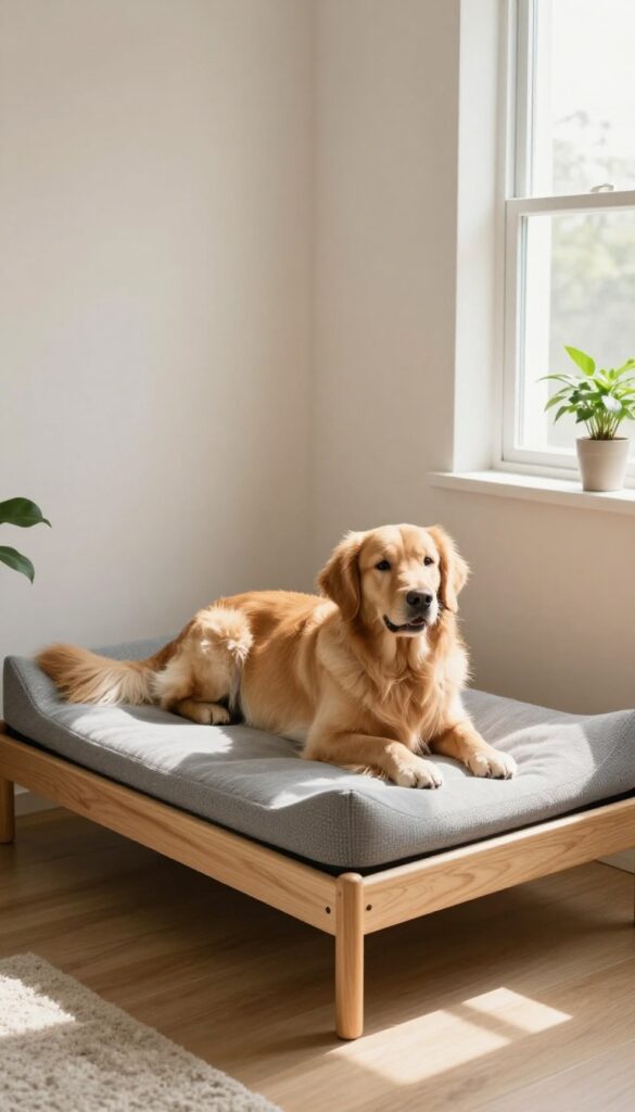 Elevated cot dog bed in a bright, tidy indoor room with a golden retriever resting on it