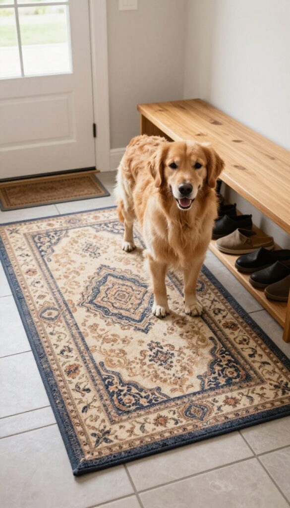 A mud room with washable tile flooring and a patterned runner rug, a dog with muddy paws standing on the rug, shoe bench with a small mat, bright natural light.