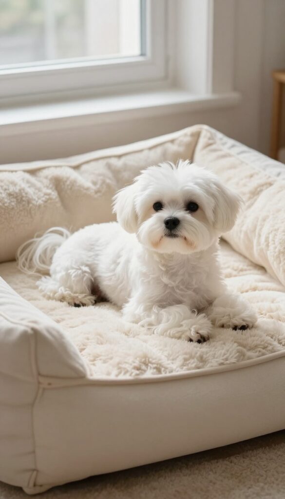 A small fluffy white dog resting on a plush cream blanket in a sunlit room, embodying the luxury of the name Cashmere.