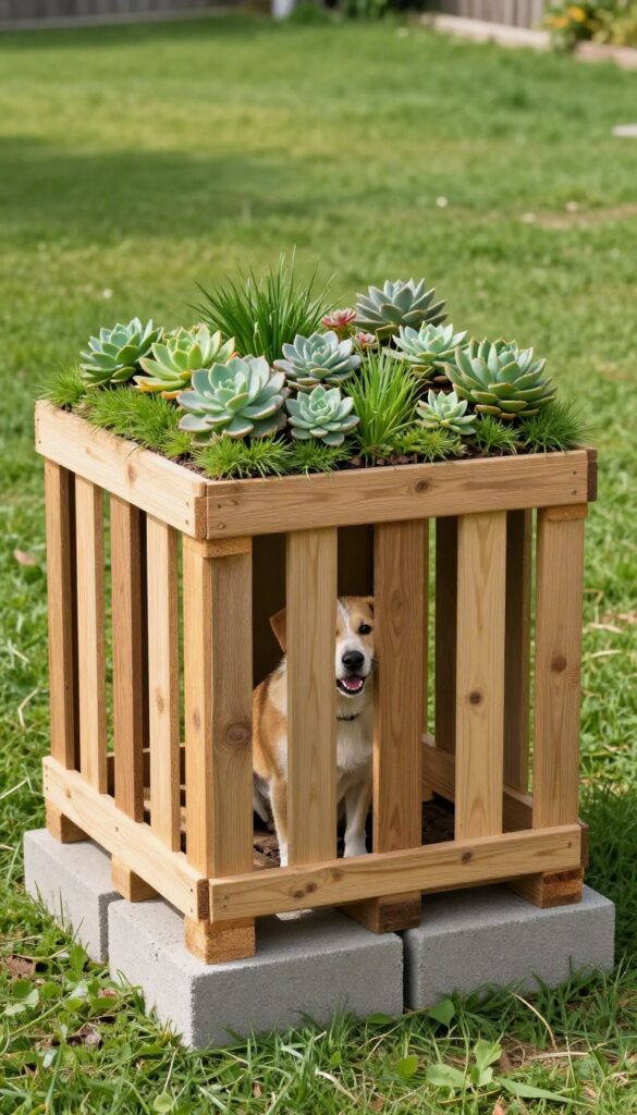 Dog kennel made from pallets with a green living roof in a sunny backyard