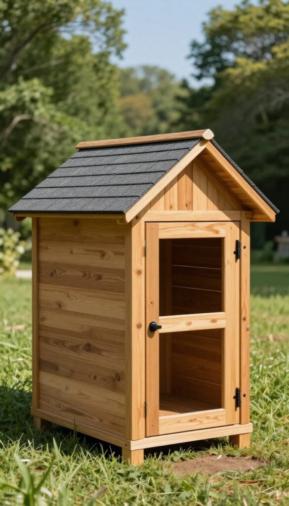 Wooden A-frame dog kennel with asphalt shingles in a backyard
