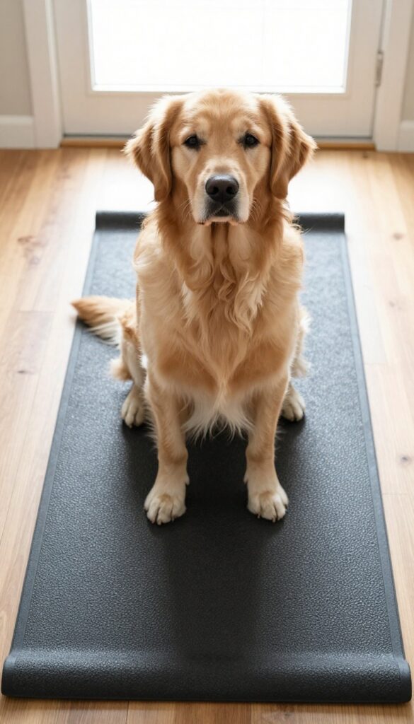 Dog sitting on a nonslip rubber mat on hardwood floor, focused and stable during training