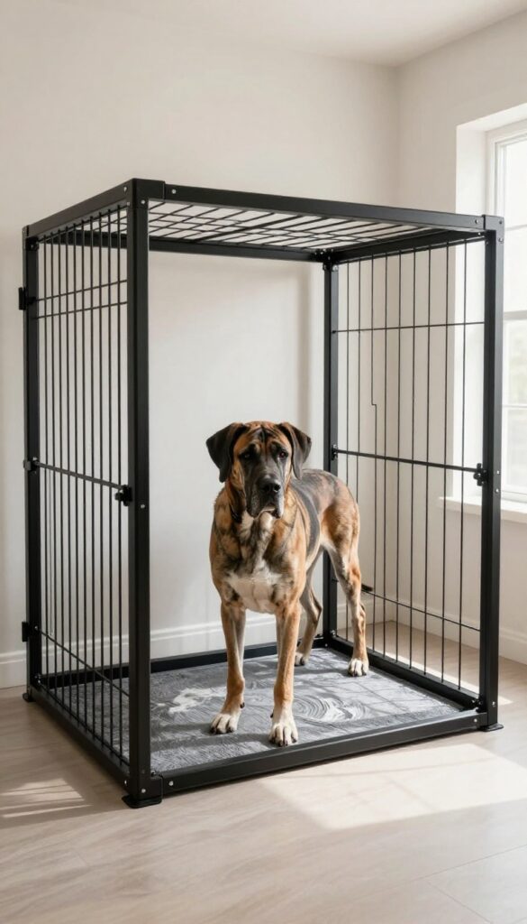 Large Great Dane in a sturdy metal kennel panel enclosure indoors, with roof and mat, in a bright living room.