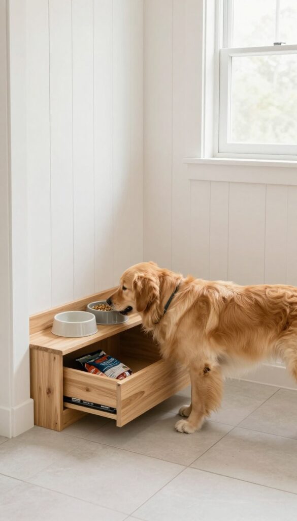 Elevated feeding station in a mudroom with built-in storage and a dog eating from raised bowls