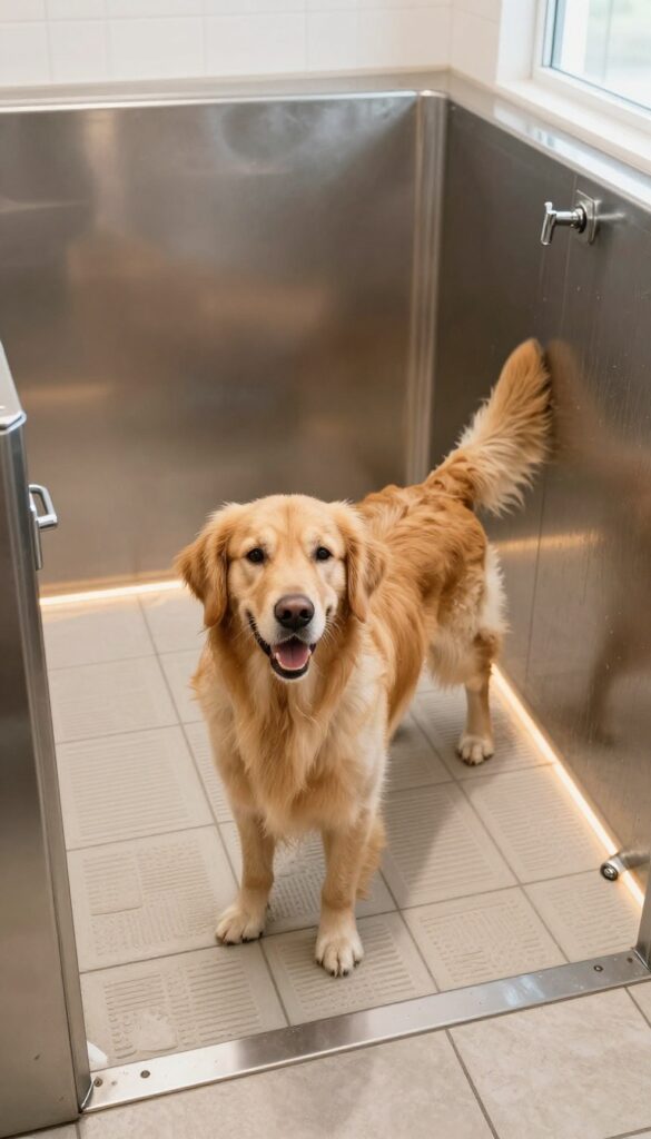 Dog wash station with heated floor, warm tiles, and a golden retriever standing in the tub