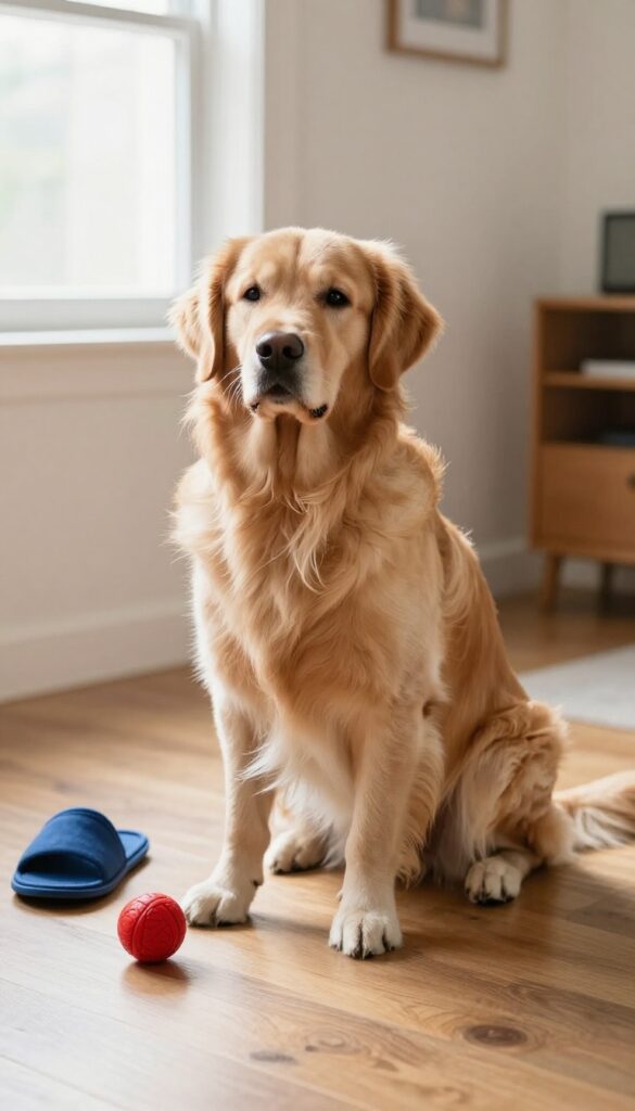 Golden retriever sitting on wooden floor looking at a red ball and blue slipper in sunlit living room