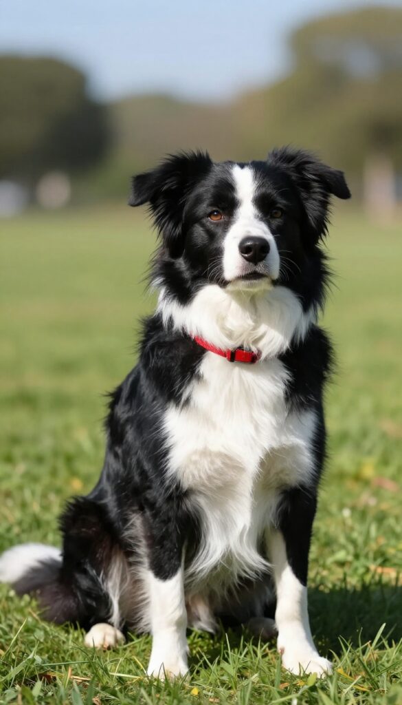Black and white dog with red collar sitting in sunny grassy park