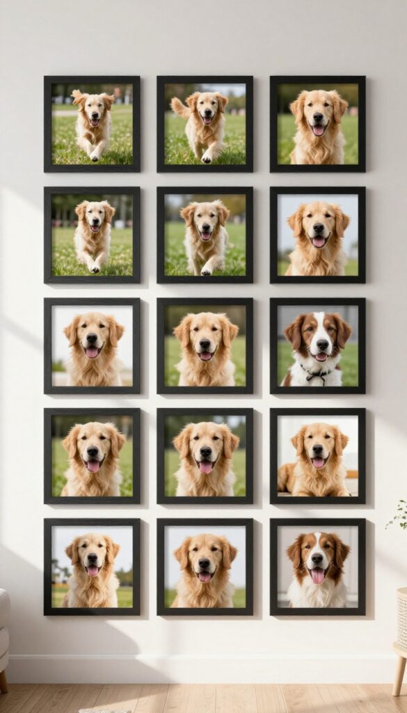 DIY photo collage wall with framed photos of a golden retriever in various candid and portrait shots, arranged in a grid on a bright living room wall.