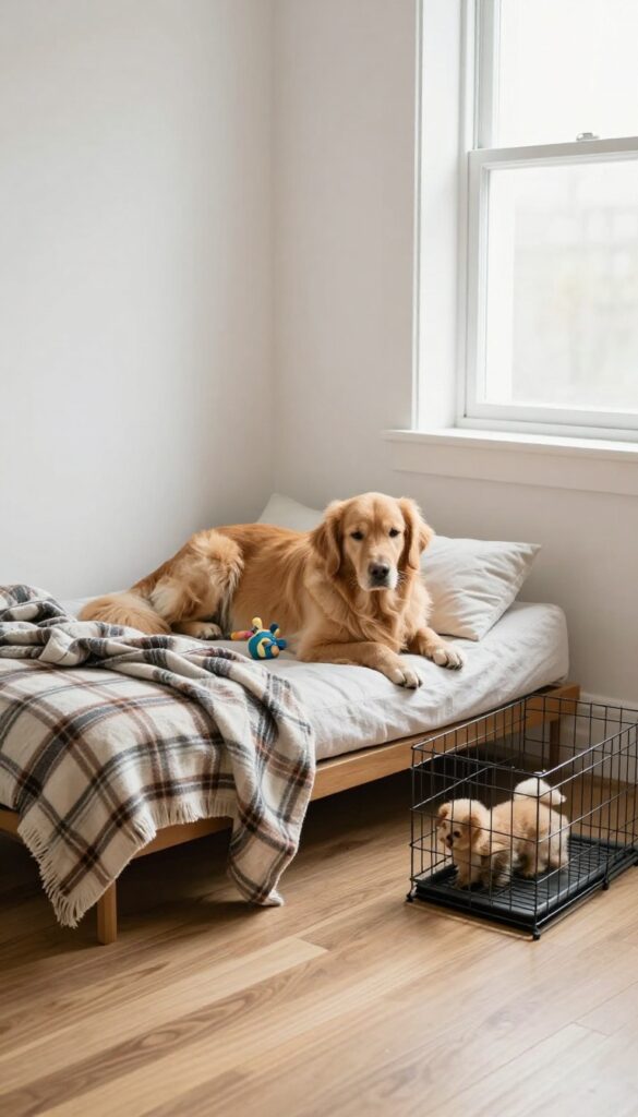A dog resting on a soft bed next to an open crate in a bright, calm corner of a room