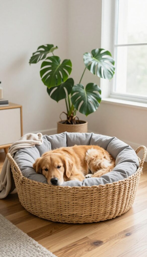 Golden retriever sleeping in a woven basket dog bed with cushion in a bright living room