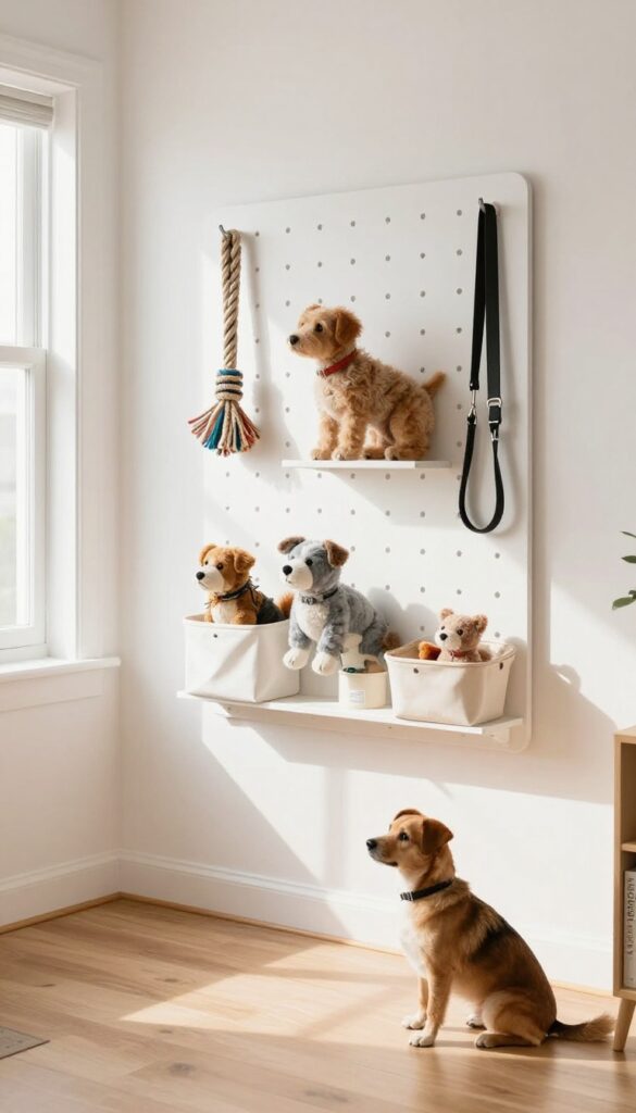Wall organizer with dog toys and accessories displayed on a pegboard in a bright room